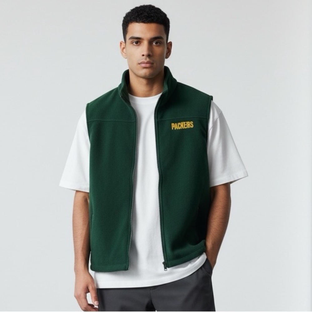 NFL Green Bay Packers 100% Polyester Fleece Green Front Zipper Embroidered Vest